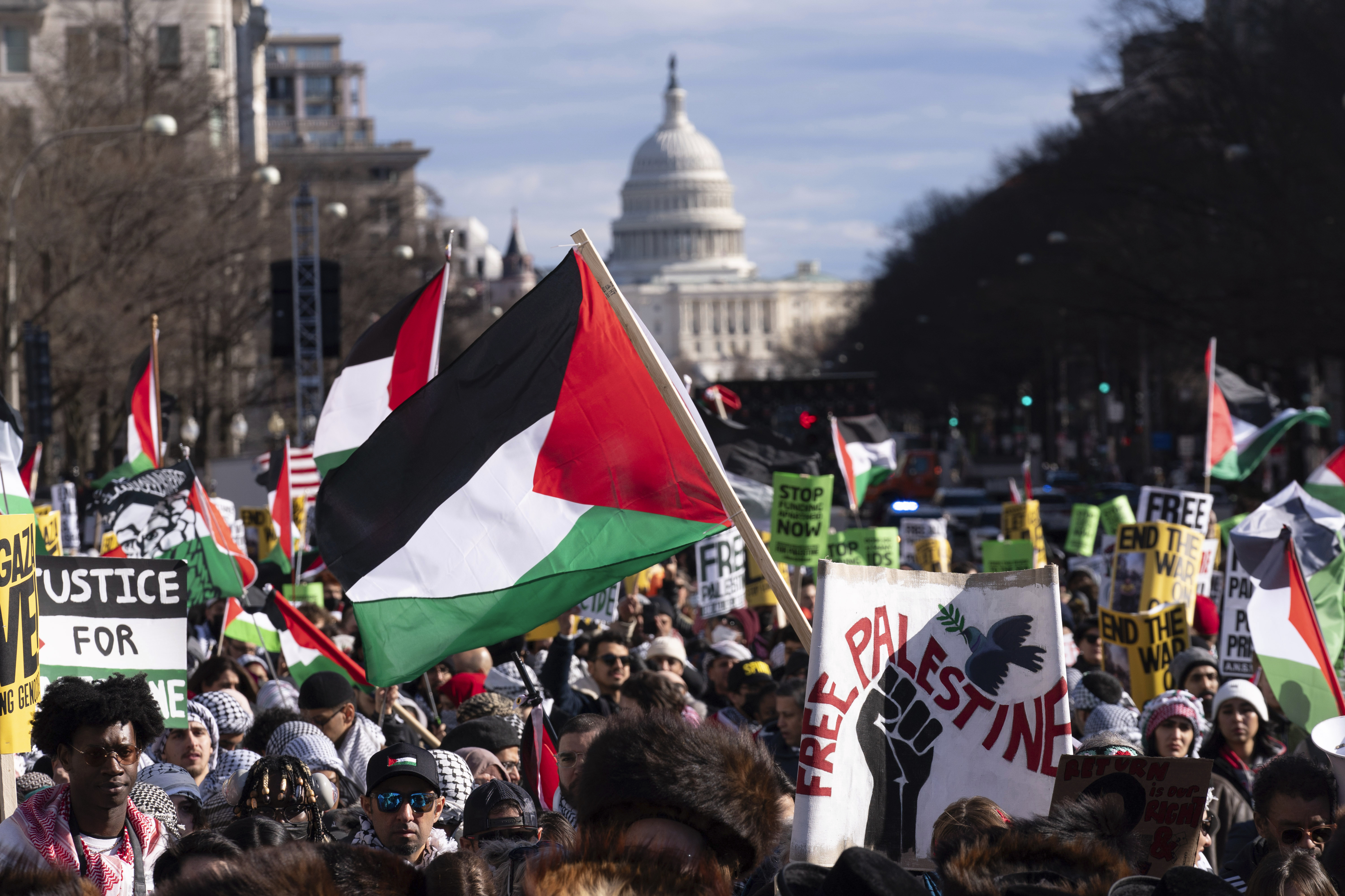 Palestine solidarity march in Washington DC with demonstrators carrying Palestinian flags near Capitol building